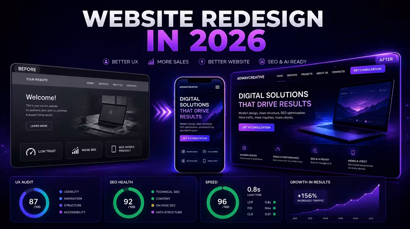 Website redesign 2026 UX and SEO analysis by AdwayCreative